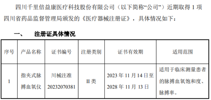 浩瀚体育平台倍益康取得指夹式脉搏血氧仪《